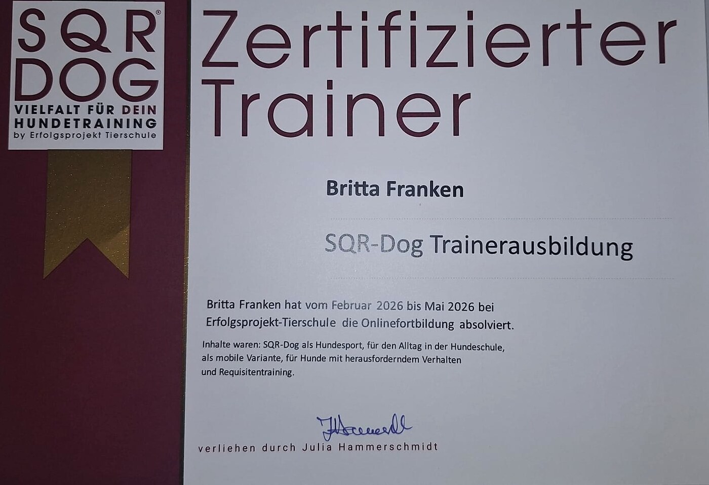 SQR-Dog Zertifikat von Britta Franken